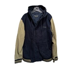 Volcom Jean/Fabric Jacket Blue/Tan Long Sleeve Snap Up Hooded Drawstring Logo XL